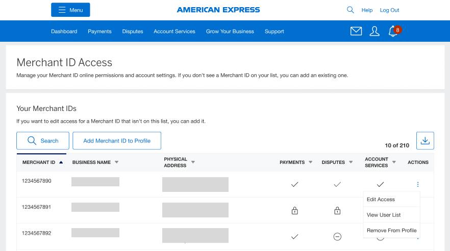 Screenshot of Manage Locations page with Account Actions dropdown options