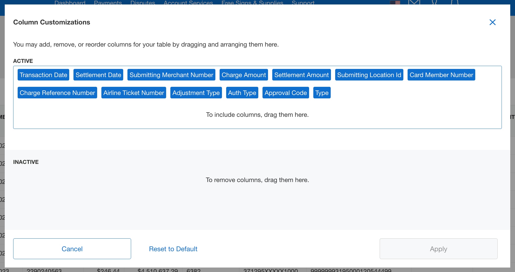 Screenshot of column customization options