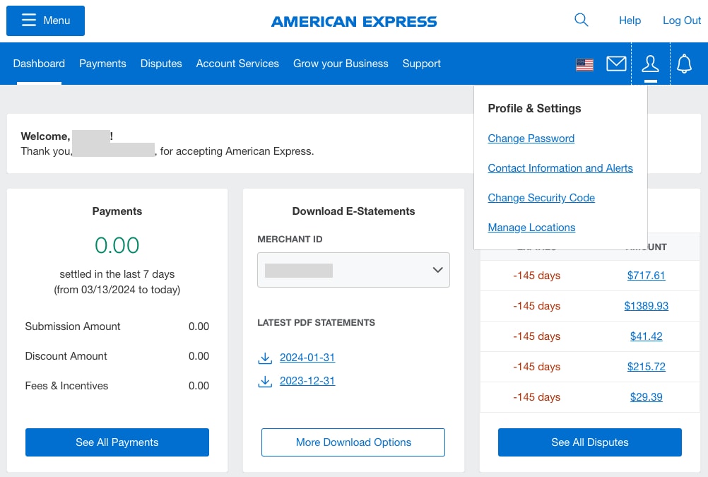 Screenshot of Dashboard and User Profile Dropdown to get to Change Password