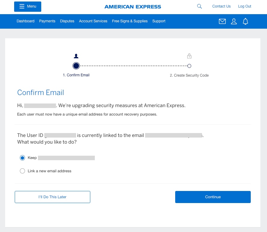 Screenshot of options to keep existing email address or create a new one associated with your account