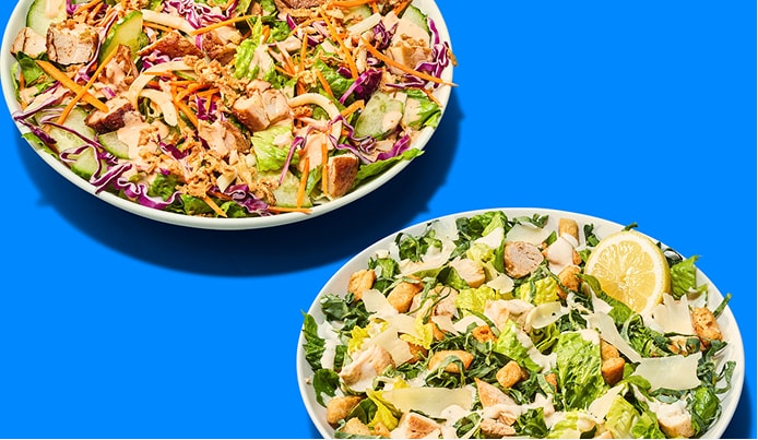 Two bowls of fresh salad on a bright blue background, one with chicken, lettuce, croutons, and lemon wedge, and the other with mixed vegetables, chicken, and crispy toppings.
