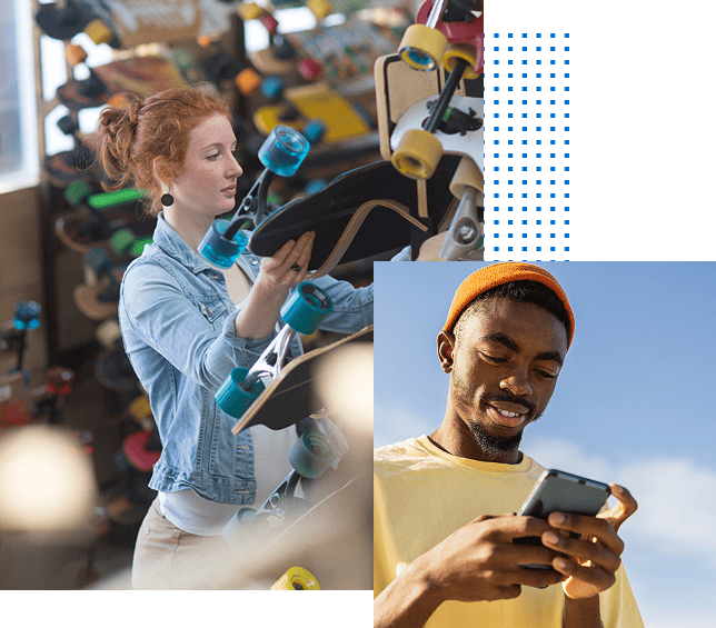 Person in skateboard shop and person on cell phone