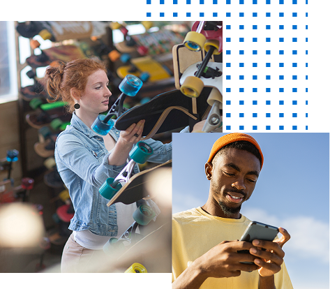 Person in skateboard shop and person on cell phone