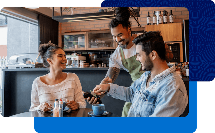 Man paying for his coffee with an American Express card at a local coffee shop.