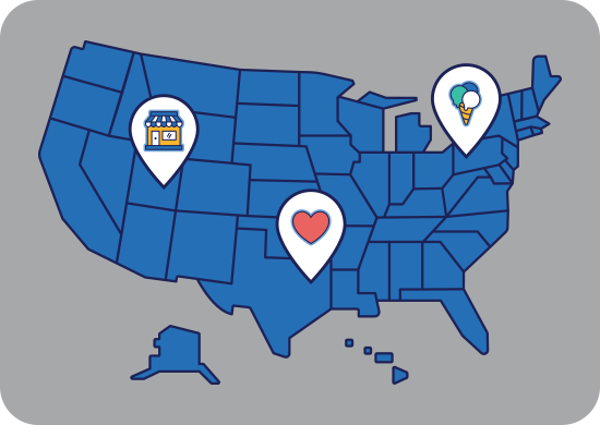 Illustration of map of USA with icons for business listings