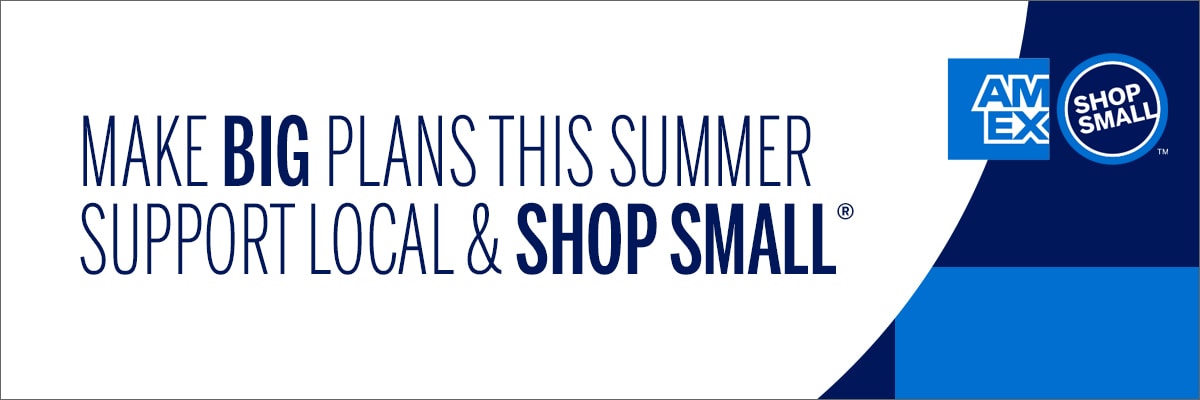 Graphic with shopping bag and copy that says shop small with us this labor day and save big