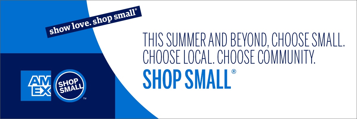Graphic with shopping bag and copy that says shop small with us this labor day and save big