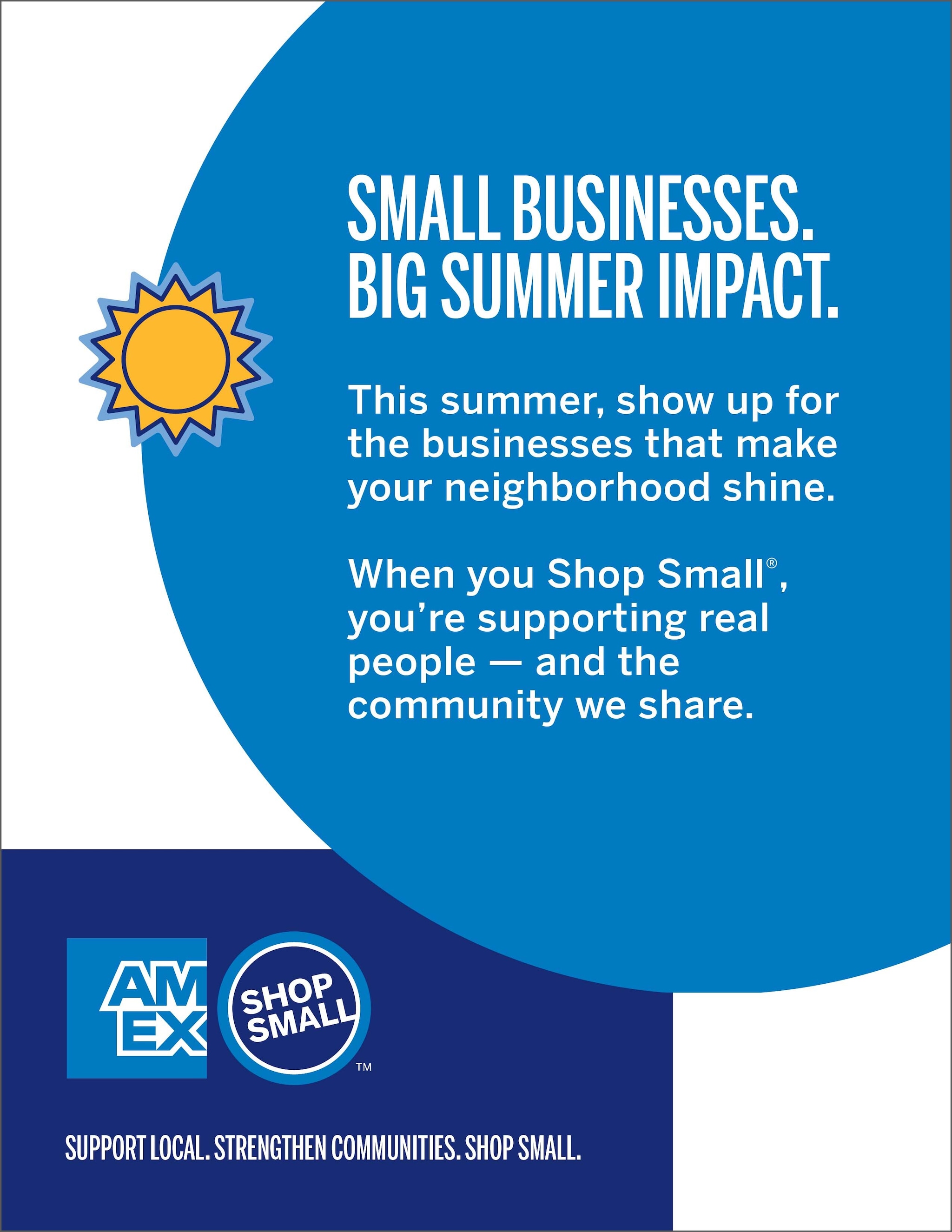 Graphic with sun and sunglasses and copy that says check out our summer sale & support local