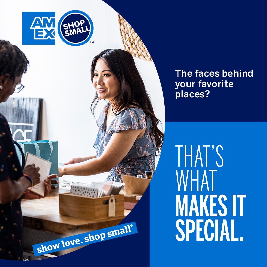 Graphic with shopping bag and copy that says shop small with us this labor day and save big