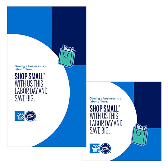 Graphic with shopping bag and copy that says shop small with us this labor day and save big