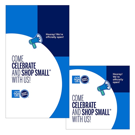 Graphic with megaphone and copy that says come celebrate and shop small with us!