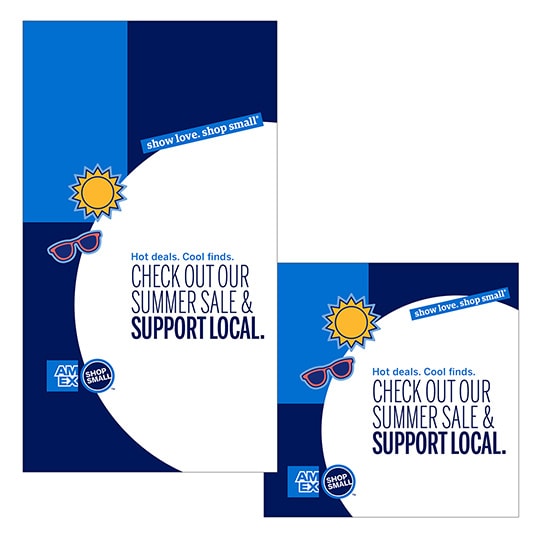 Graphic with sun and sunglasses and copy that says check out our summer sale & support local