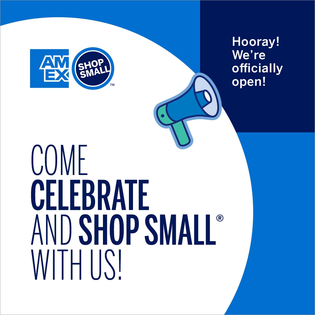 Graphic with megaphone and copy that says come celebrate and shop small with us!