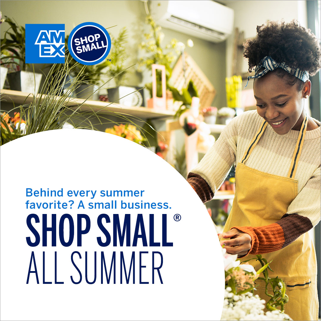 Graphic with shopping bag and copy that says shop small with us this labor day and save big