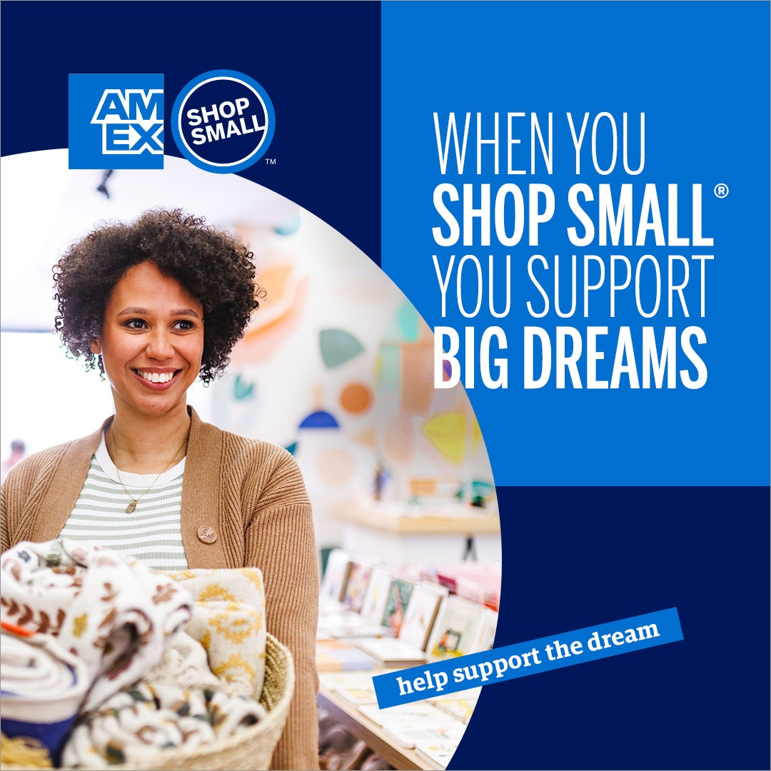 Graphic with shopping bag and copy that says shop small with us this labor day and save big