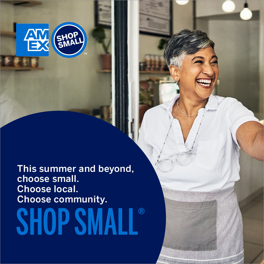 Graphic with shopping bag and copy that says shop small with us this labor day and save big