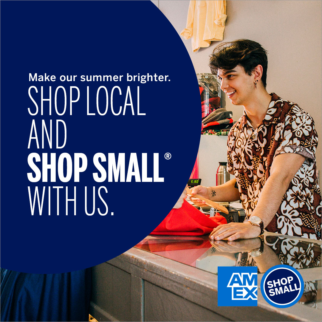 Graphic with shopping bag and copy that says shop small with us this labor day and save big