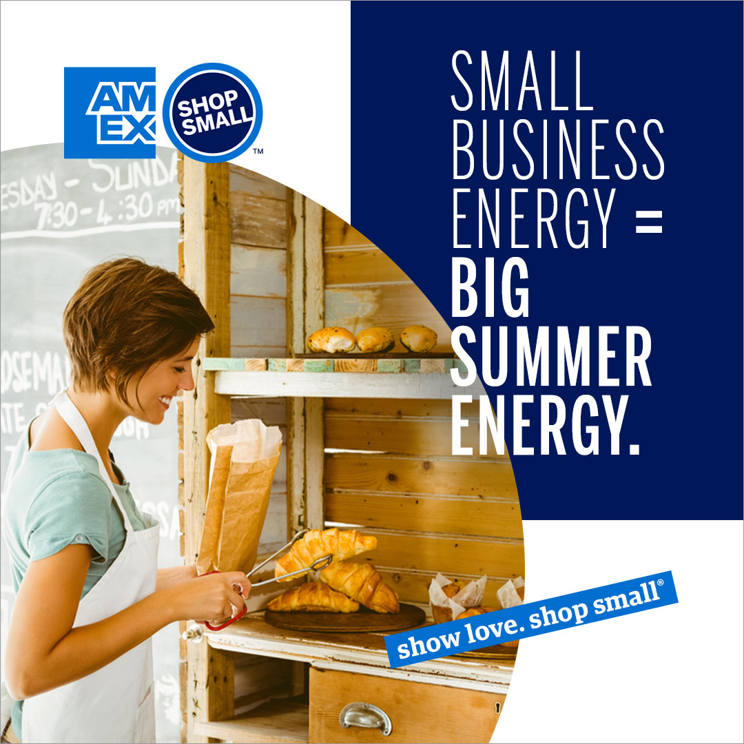 Graphic with shopping bag and copy that says shop small with us this labor day and save big