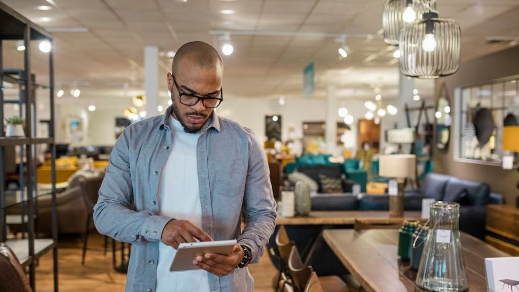 Man standing looking at tablet