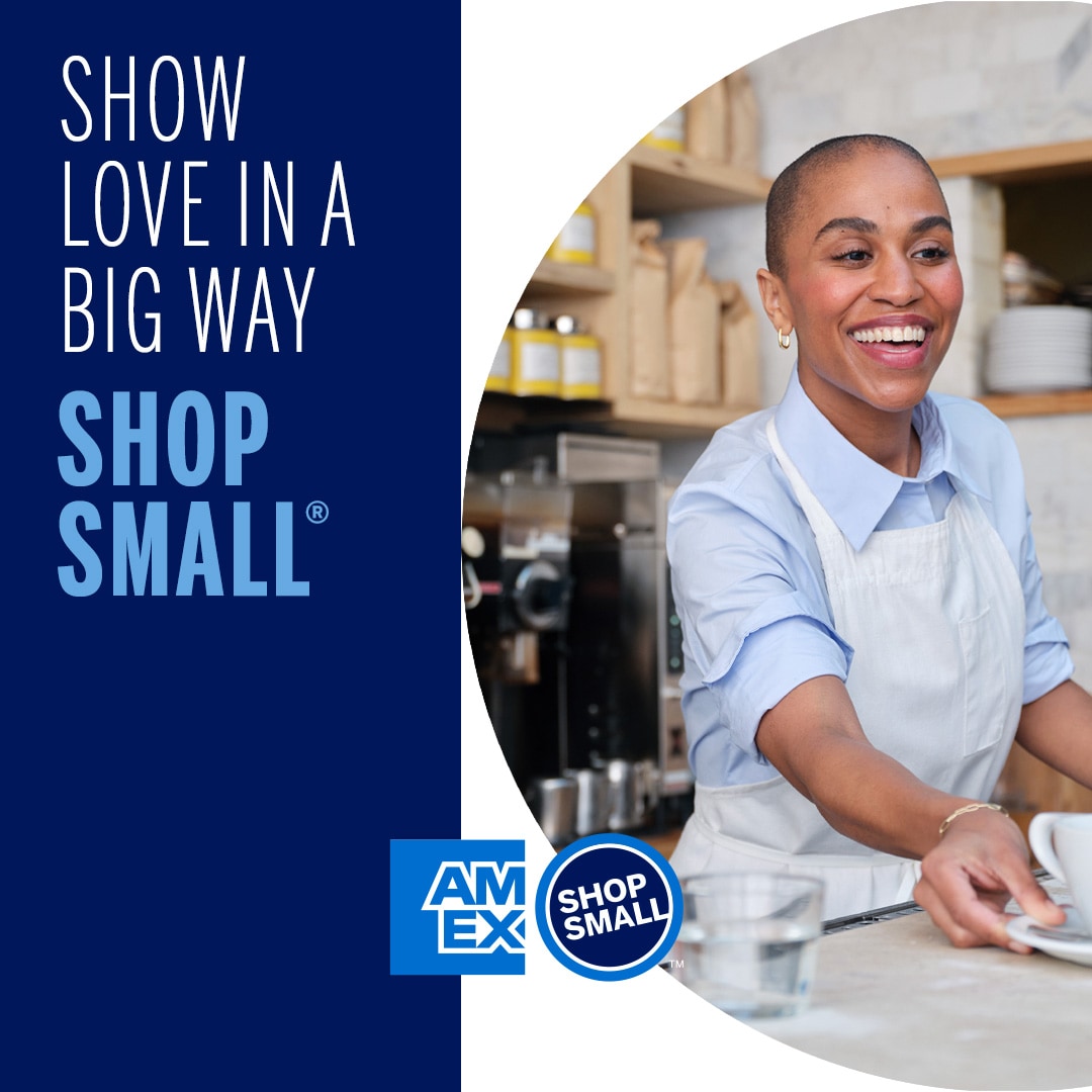 Server in a restaurant with text that reads Show love in a big way. Shop Small.