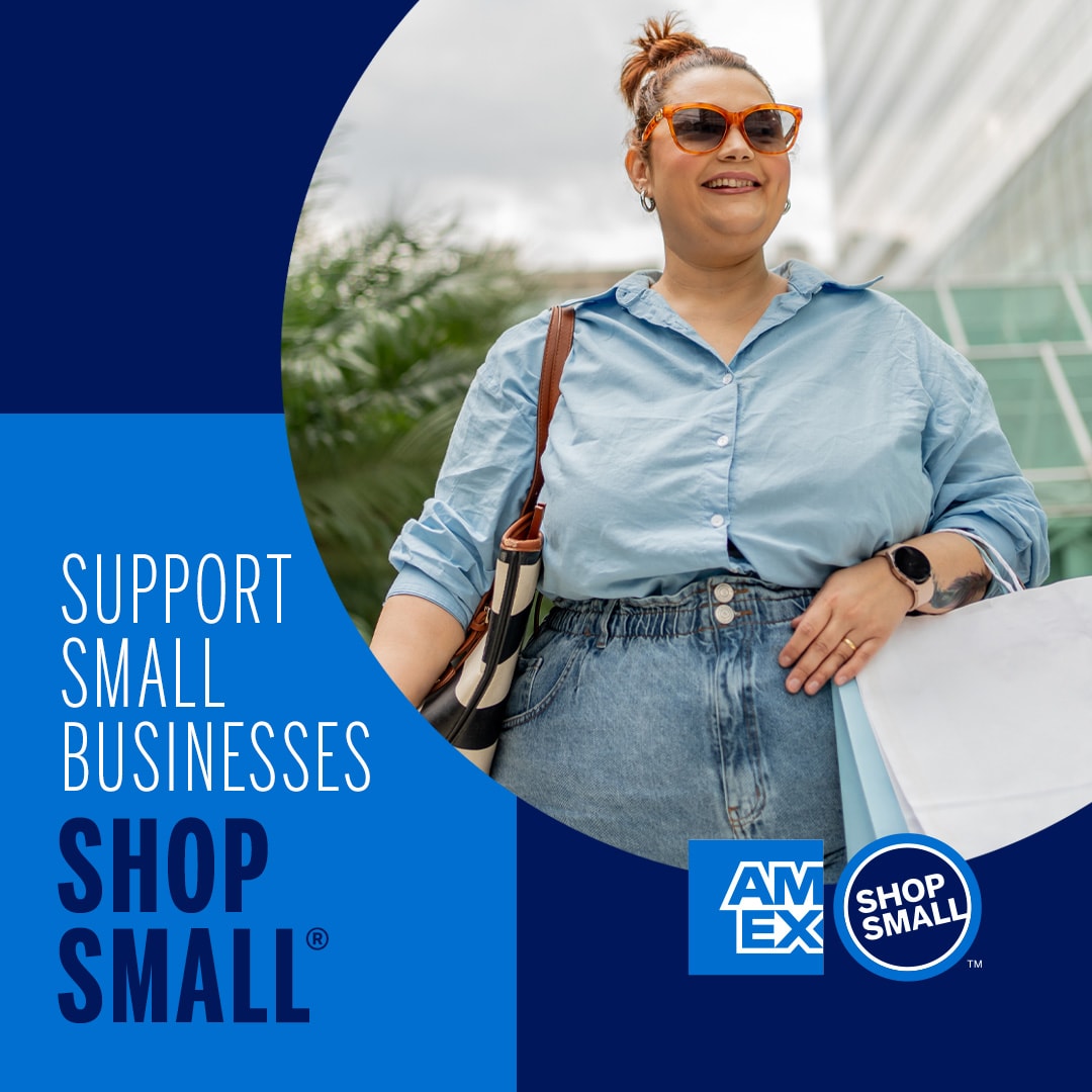 Woman with shopping bags and message overlaid says Support Small Businesses. Shop Small.