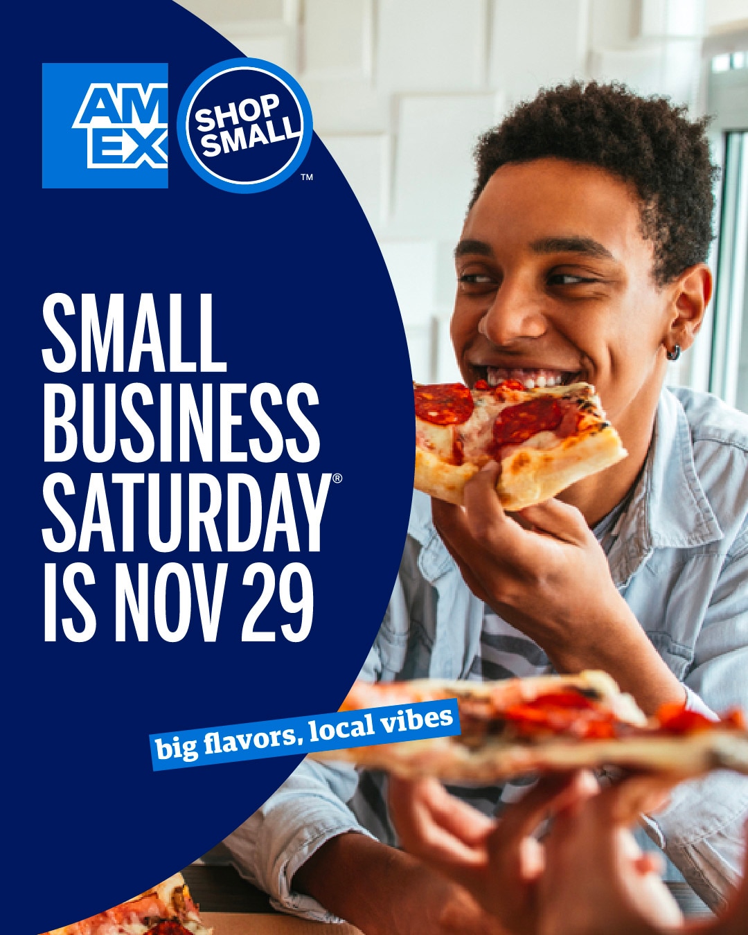Graphic that reads "Small Business Saturday is Nov 29" with an image of a person eating pizza at a restaurant