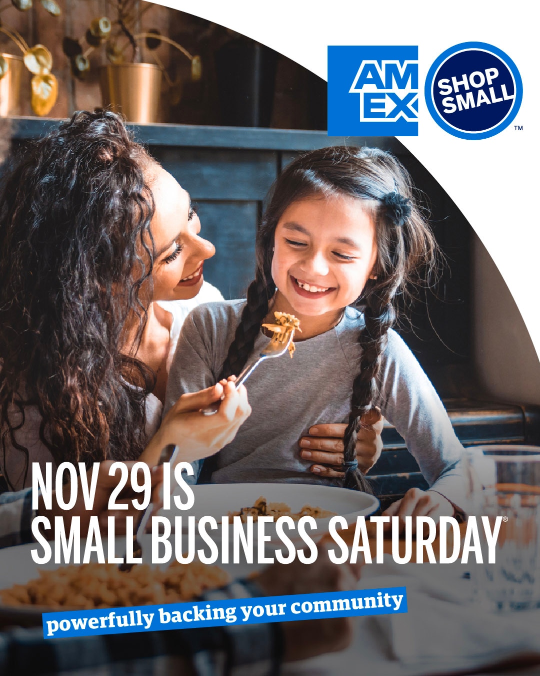 Graphic that reads "Nov 29 isSmall Business Saturday." with mother and daughter in a restaurant
