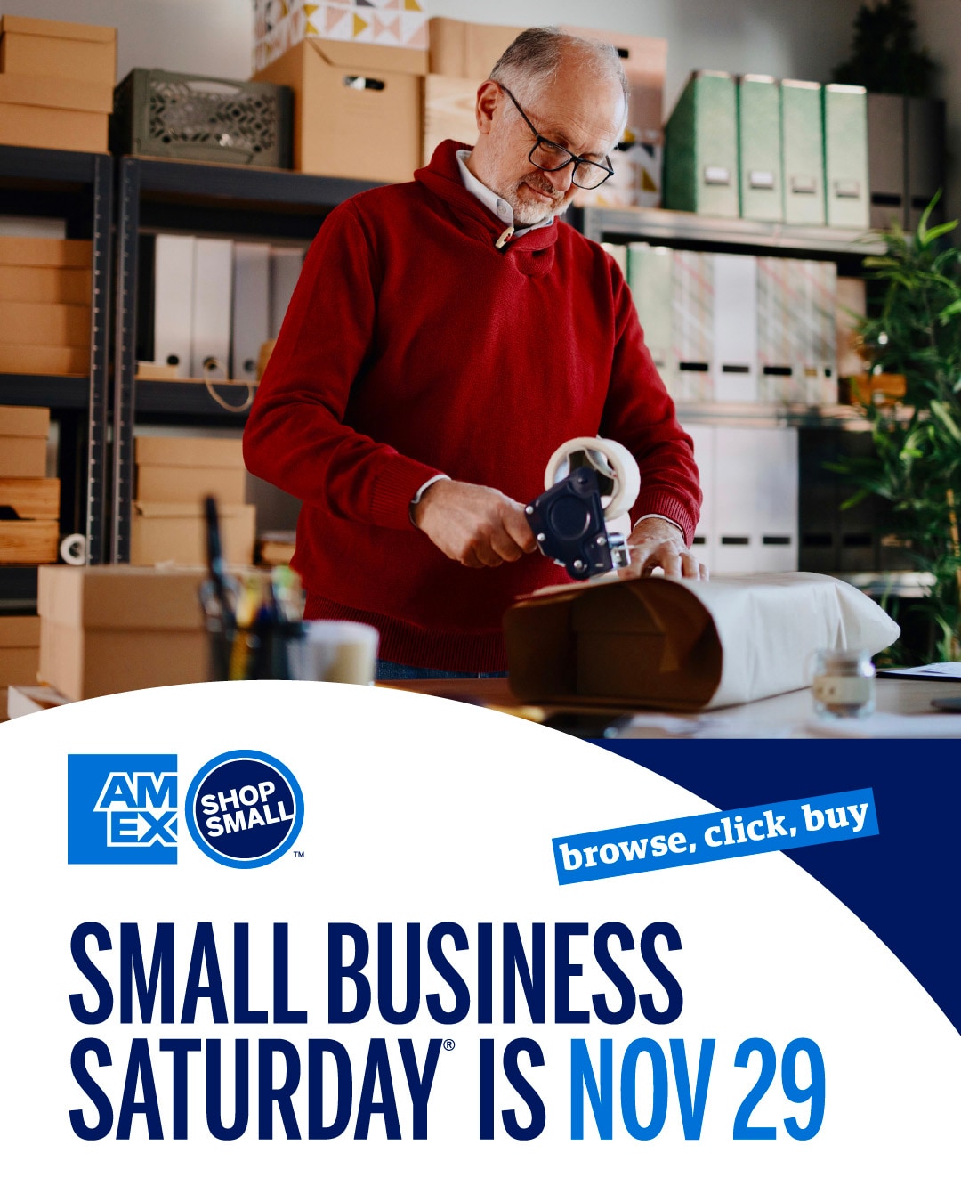Graphic that reads "Small business Saturday is Nov 29" and includes an image of a small business owner packing up an order