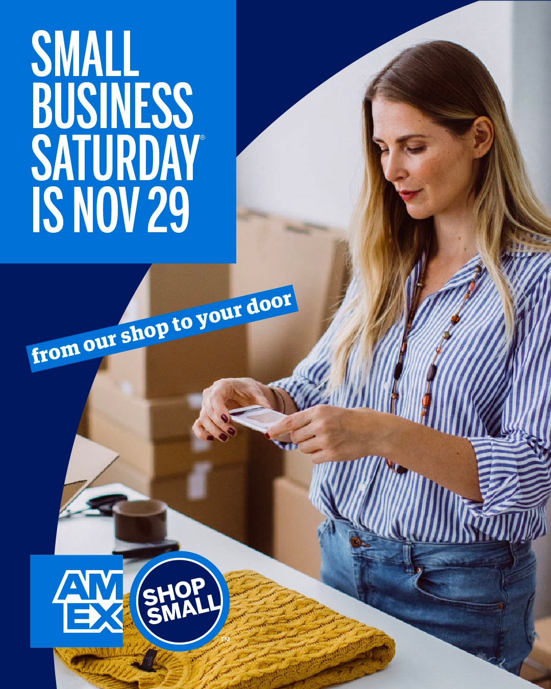 Graphic that reads "Small business Saturday is Nov 29" and image of a woman in a stock room folding a sweater