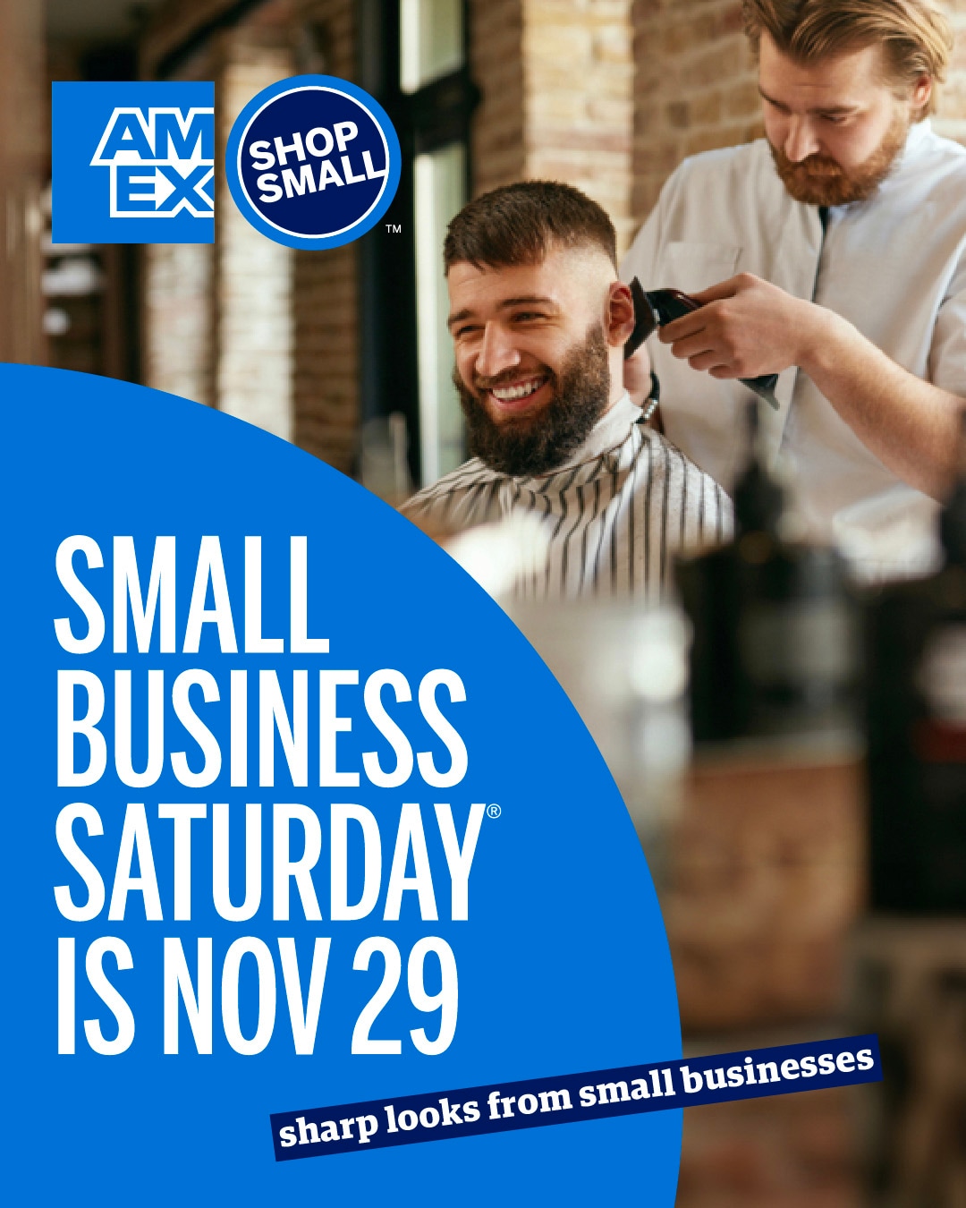 Graphic that reads "Small business Saturday is Nov 29" and image of man in hair barber shop getting a hair cut