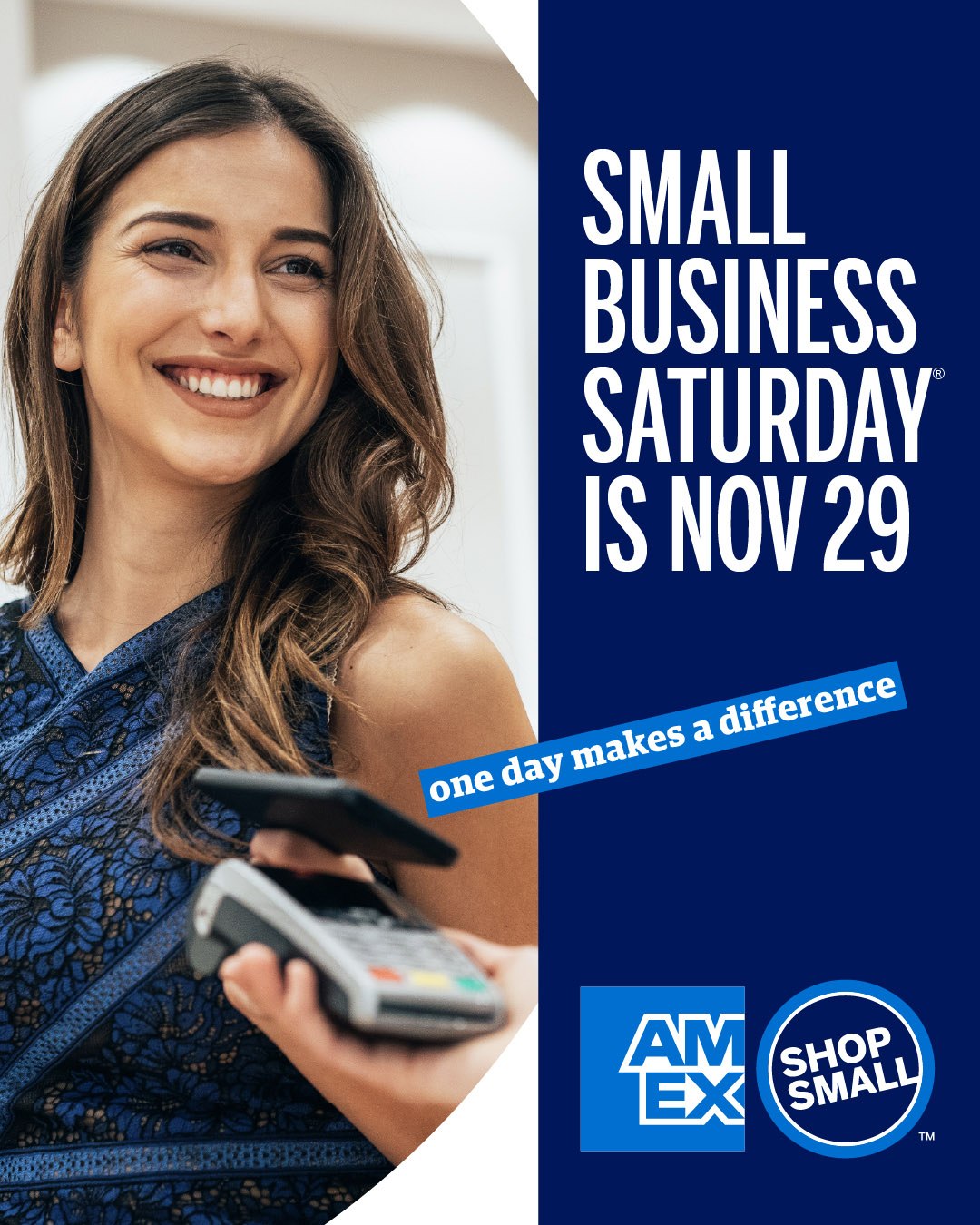 Graphic that reads "Small business saturday is Nov 29" and an image of woman holding a contactless payment terminal 