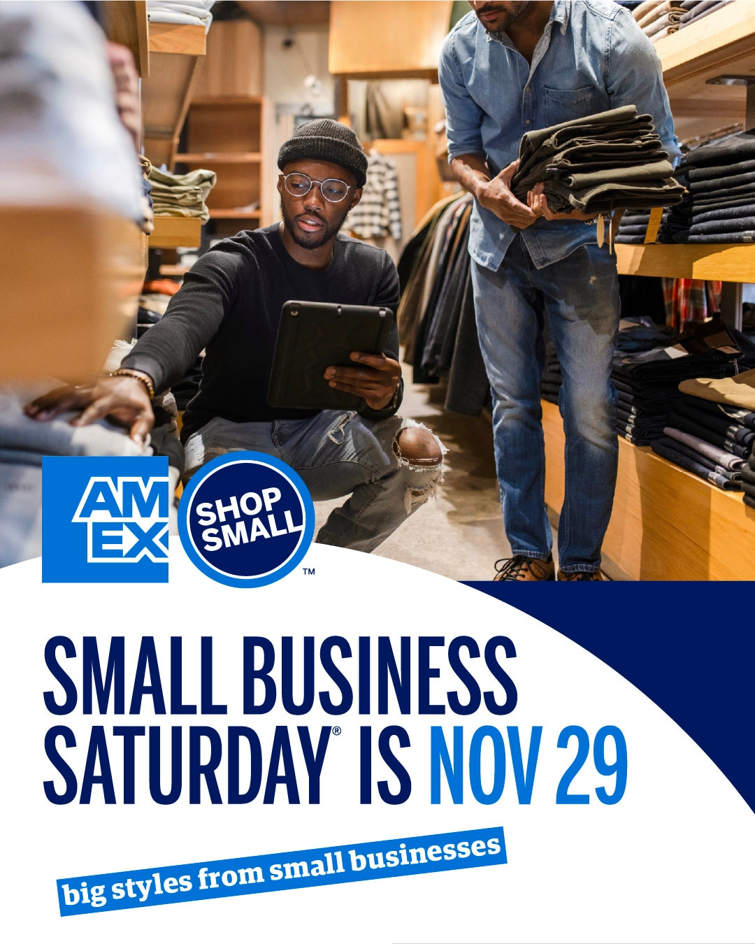 Graphic that reads "Small business saturday is Nov 29" with image of man in store restocking pants