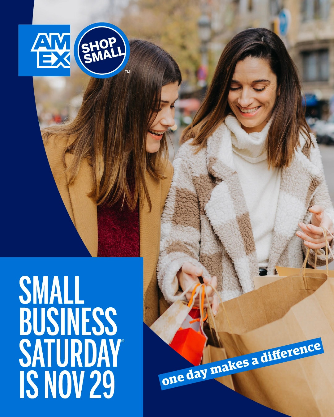 Graphic that reads "Small Business Saturday is Nov 29" with image of two women looking at shopping bag
