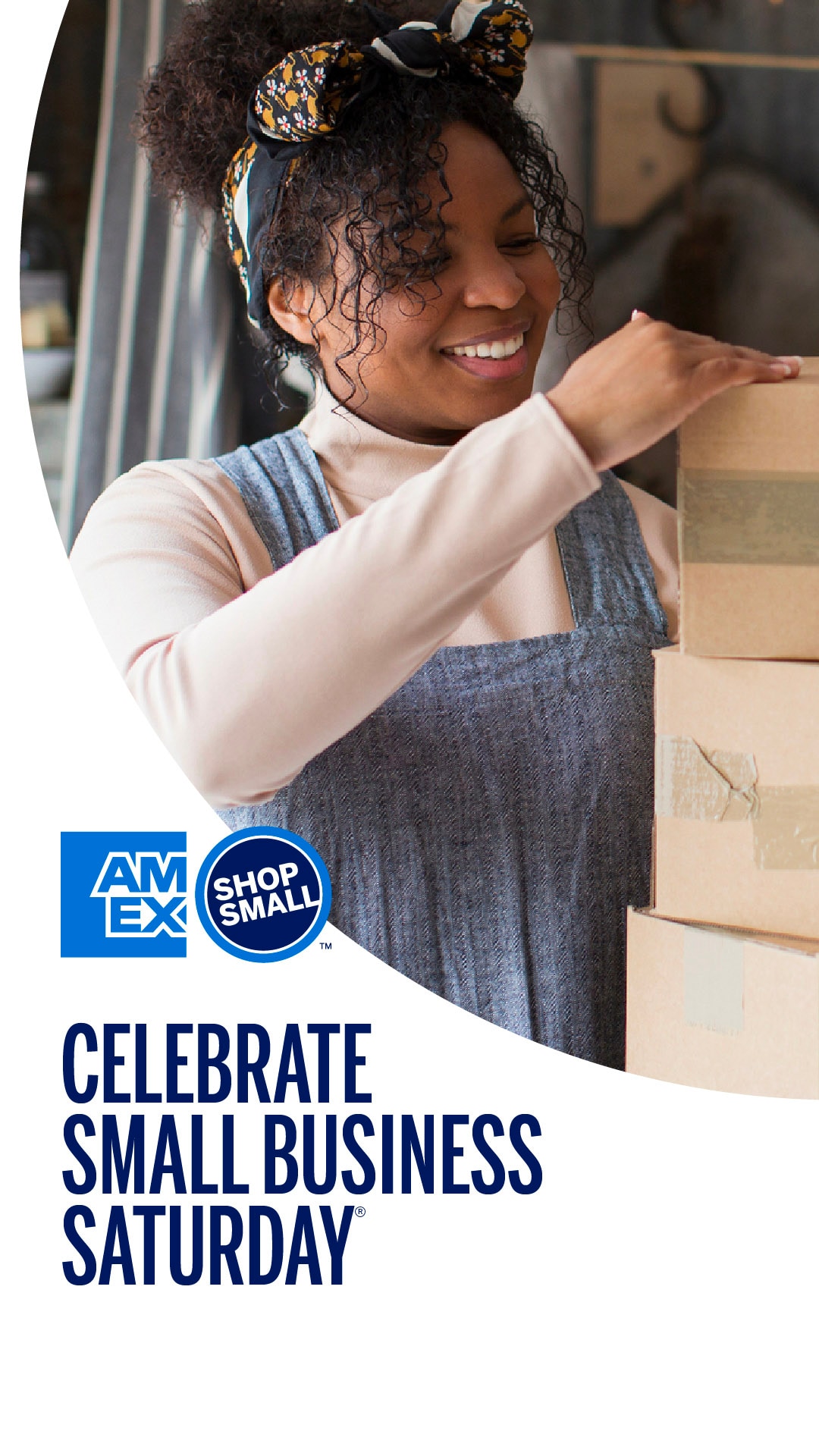 Graphic with small business owner shipping packages and text that says Celebrate Small Business Saturday