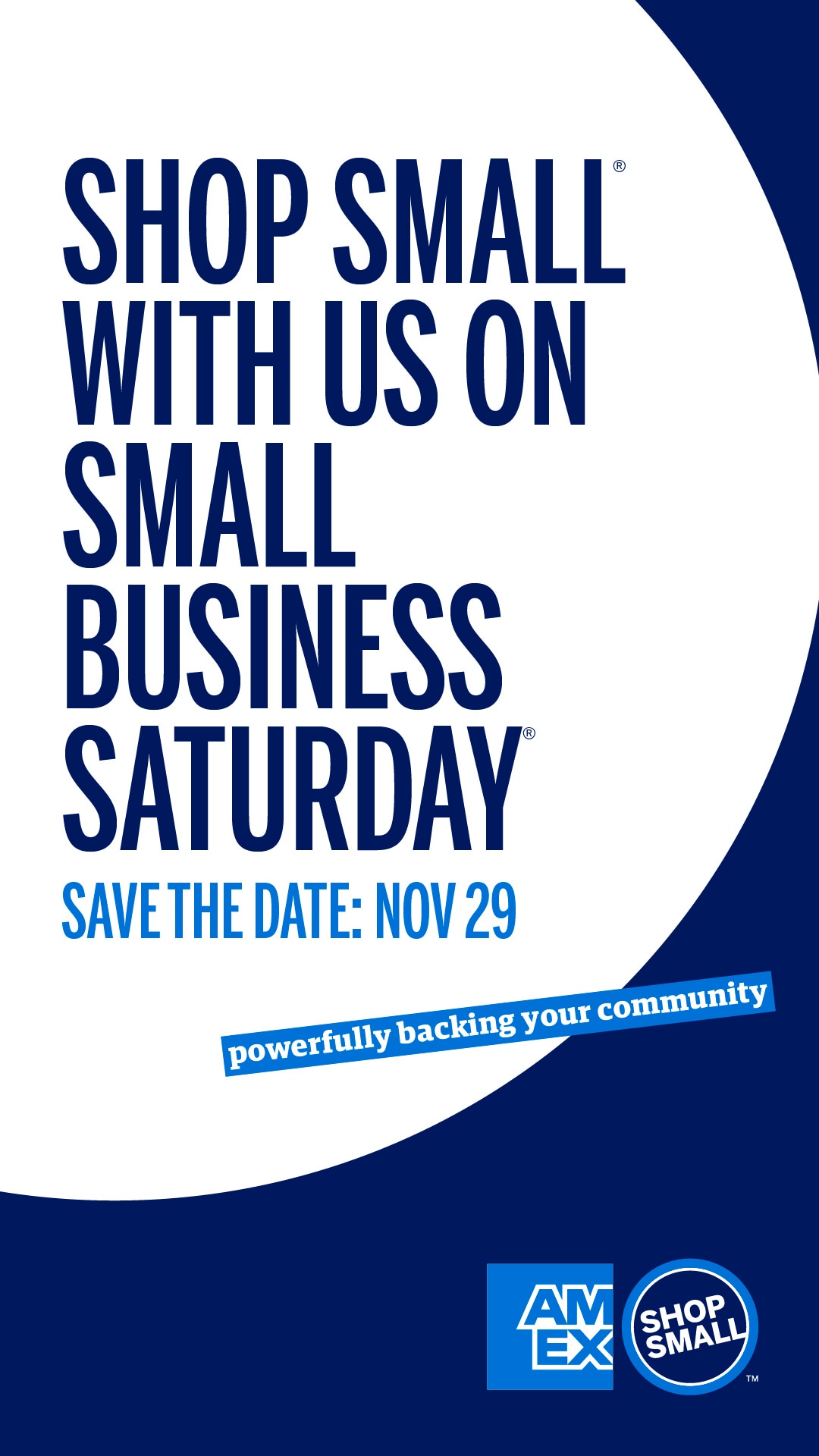 Graphic that says Shop Small with us on Small Business Saturday and includes the Amex and Shop Small logo