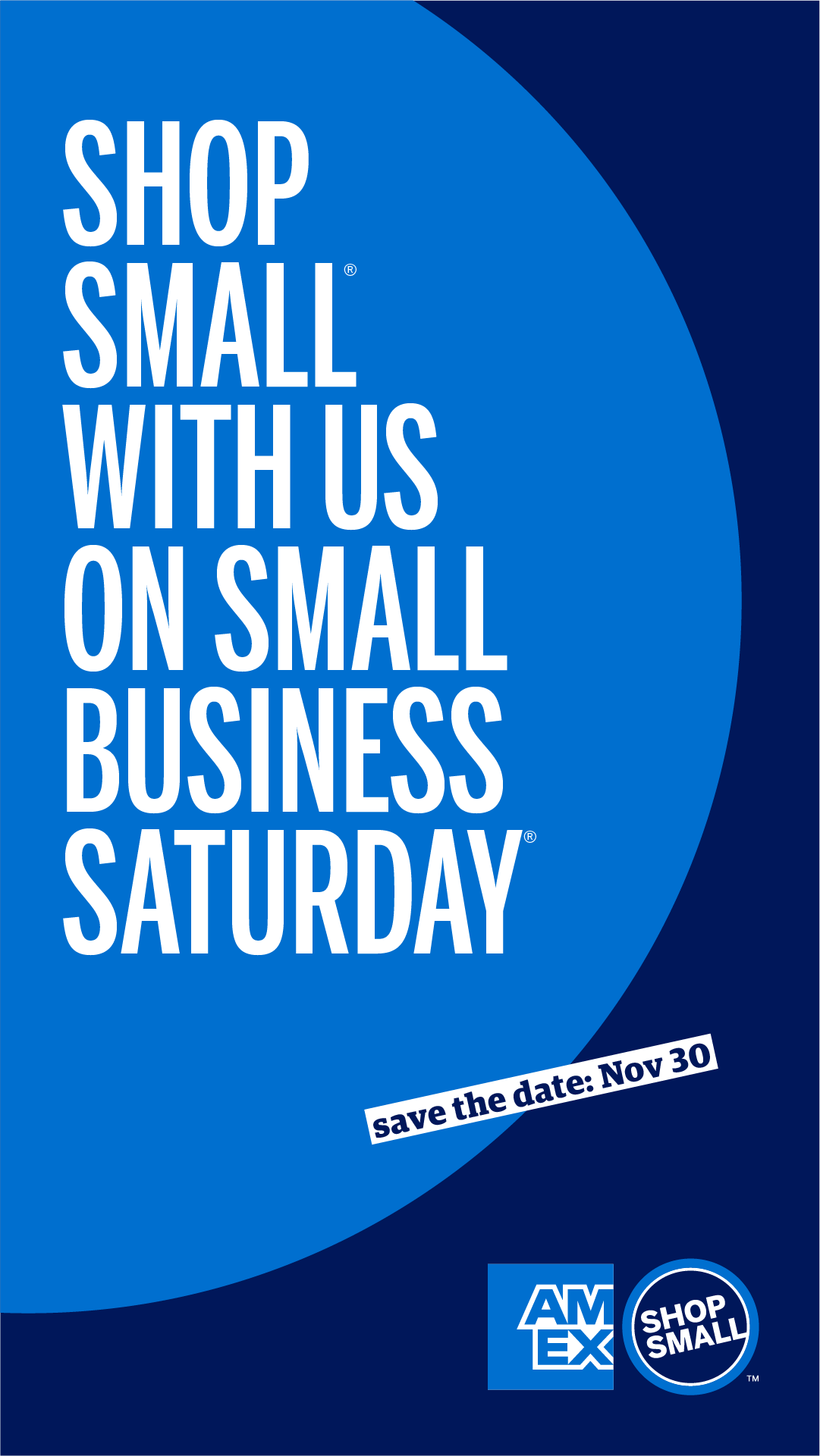 Graphic that says Shop Small with us on Small Business Saturday and includes the Amex and Shop Small logo
