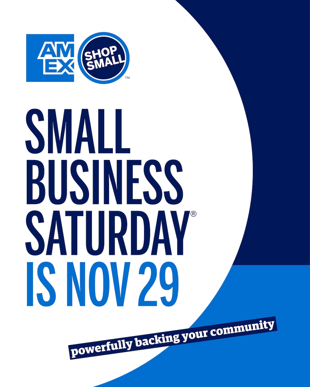 Graphic that says Small Business Saturday is Nov 29 and includes the Amex and Shop Small logo