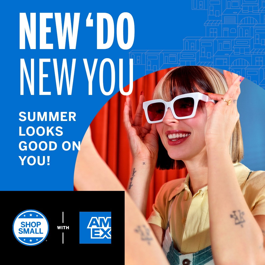 Graphic that reads "New 'do new you. summer looks good on you!" with image of a woman trying on white sunglasses