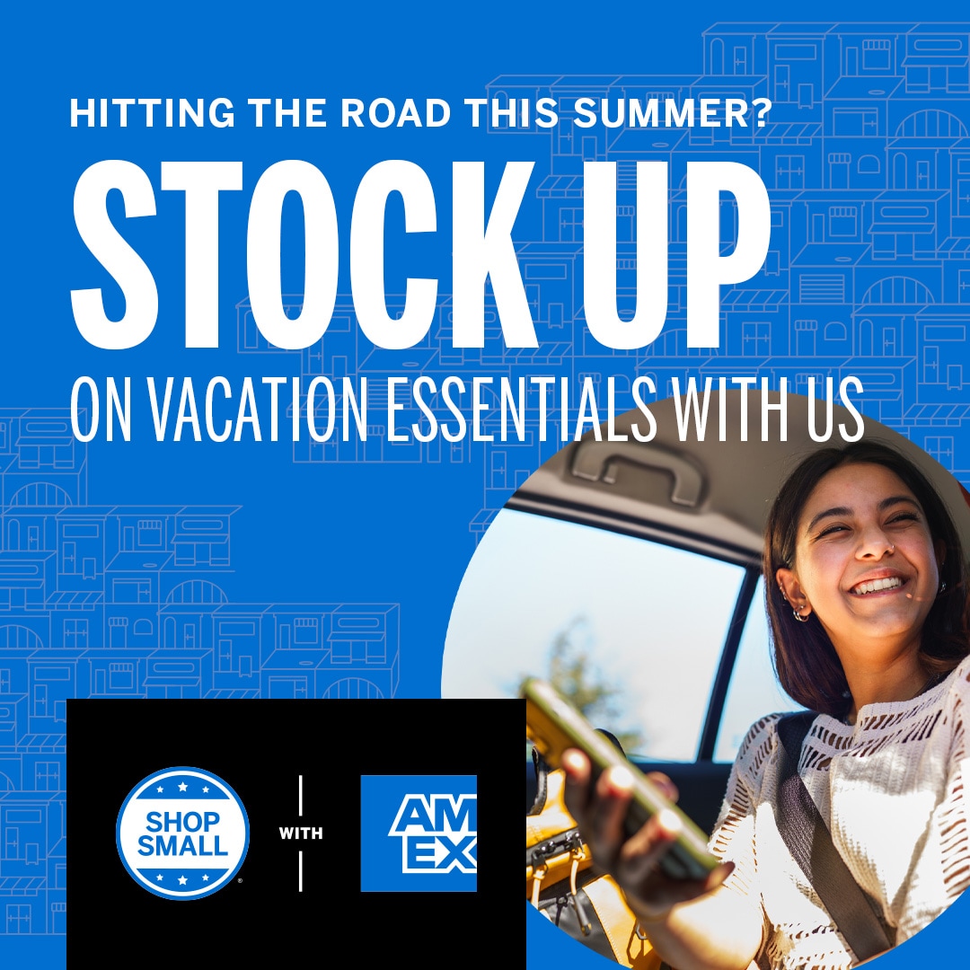 Graphic that reads "Hitting the road this summer? Stock up on vacation essentials with us" and an image of a woman in the car smiling