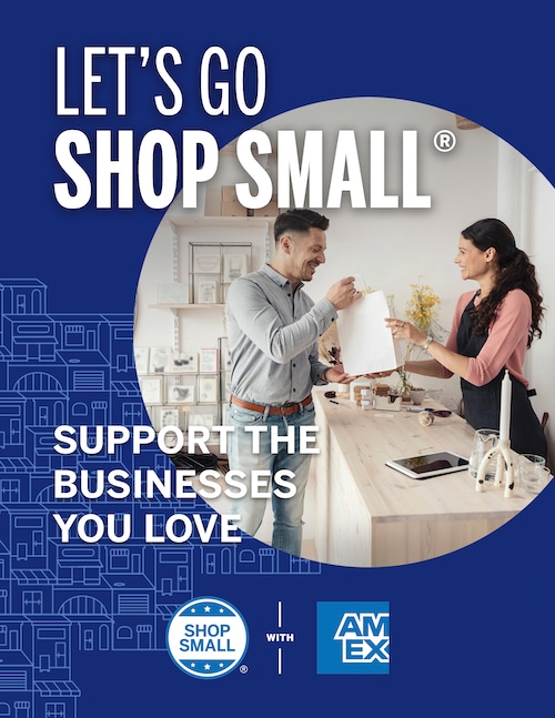 Thumbnail image of Poster PDF with dark blue background that reads "Let's go shop small. Support the businesses you love" and includes an image of a customer taking their purchase from a small business owner behind the counter.