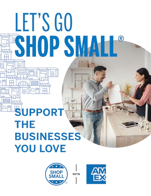 Thumbnail image of Poster PDF with white background that reads "Let's go shop small. Support the businesses you love" and includes an image of a customer taking their purchase from a small business owner behind the counter.