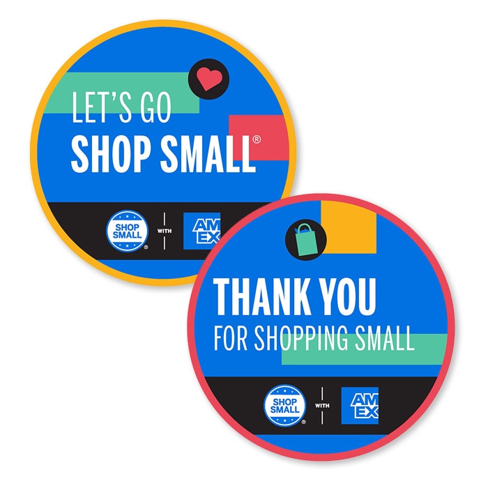 Amex-branded round window cling stating Let’s Go Shop Small on front ...