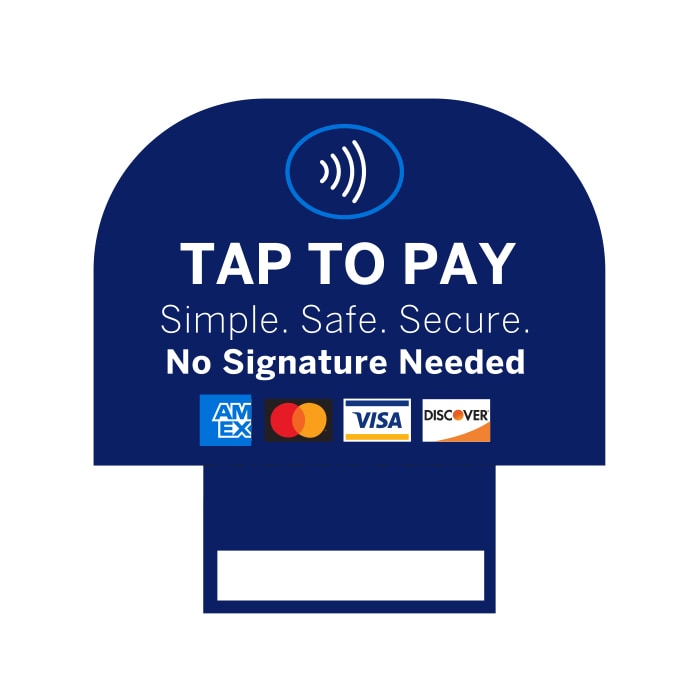 Topper with Amex, Mastercard, Visa and Discover logos with text staying