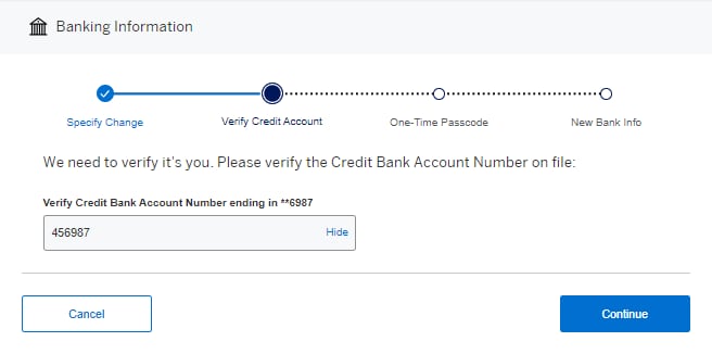 Screenshot of Step 2: Verifying Bank information