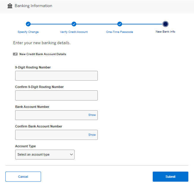 Screenshot of Step 4: Inputting updated Bank Information