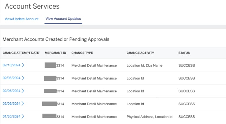 Screenshot of the View Account Updates tab