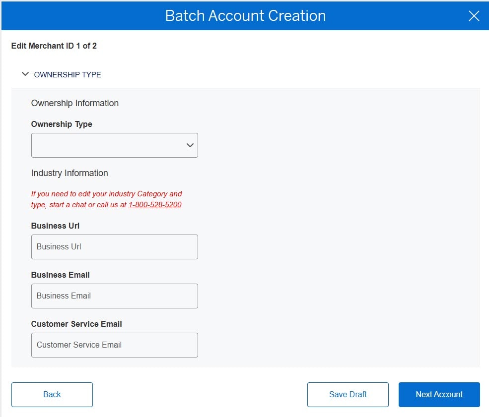 Screenshot of the Batch Account Creation process Ownership Type section