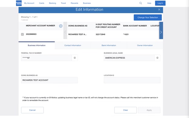 Screenshot of editing Business Information