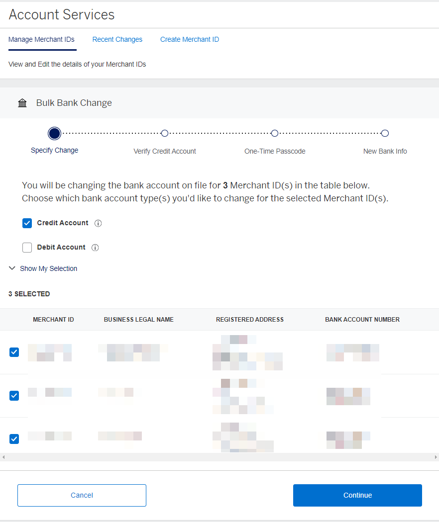 Screenshot of the first step of Bank information updates - checkmark next to the accounts