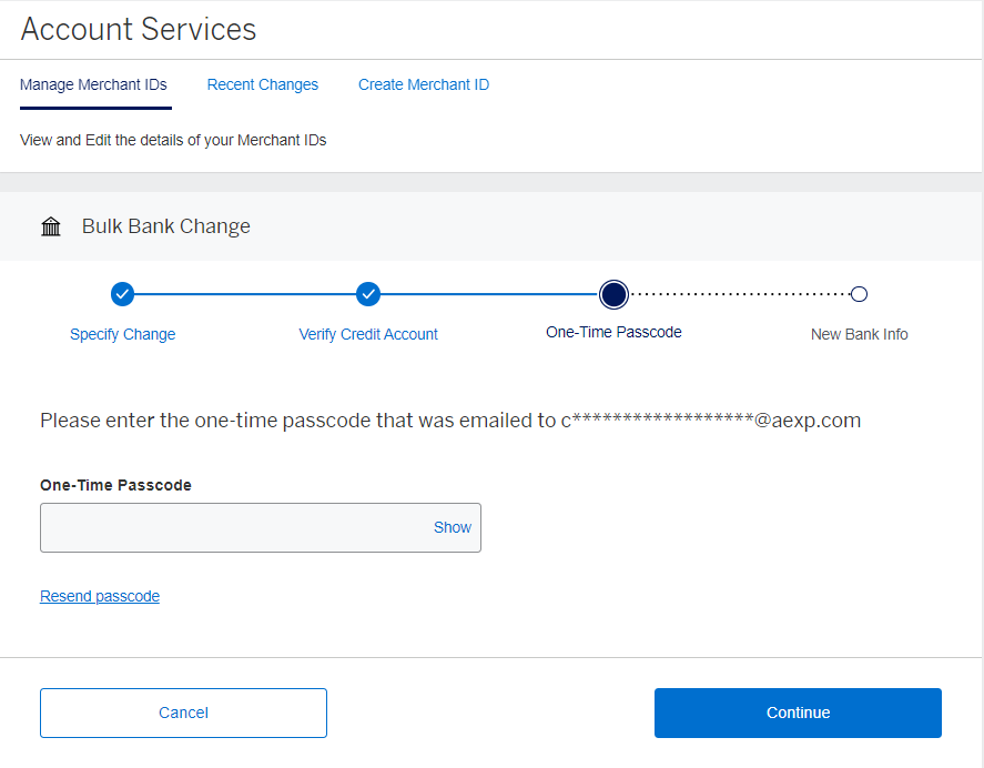 Screenshot of one-time code input